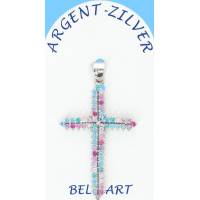 Pendentif croix argent avec zircons multicolores 35 x25 mm
