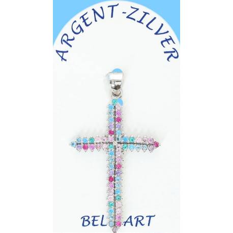 Pendentif croix argent avec zircons multicolores 35 x25 mm