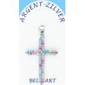 Pendentif croix argent avec zircons multicolores 35 x25 mm