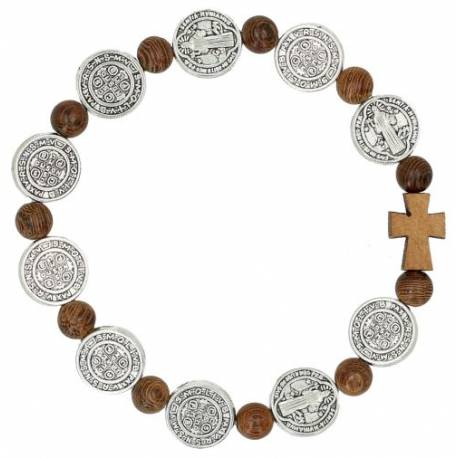Bracelet sur élastique - médailles St Benoit - bois