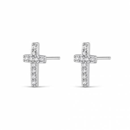 Zilveren kruis oorbellen met strass 