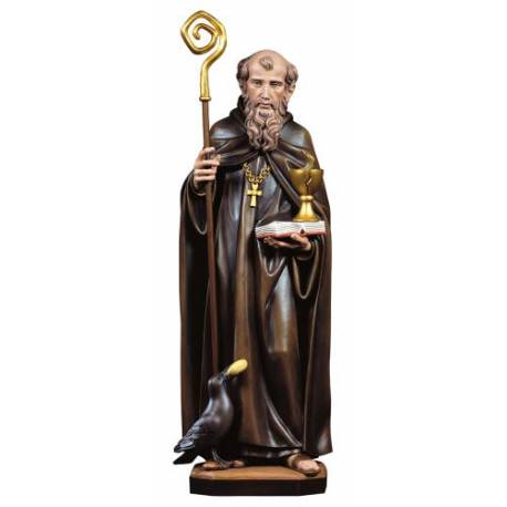 St Benoit + Corbeau + Calice Bois Sculpté 12 Cm Couleur