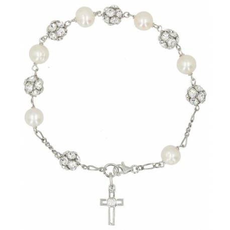 Armband-Tientje Zilver + Rhodium Parel + strass 8 mm + Schrijn 