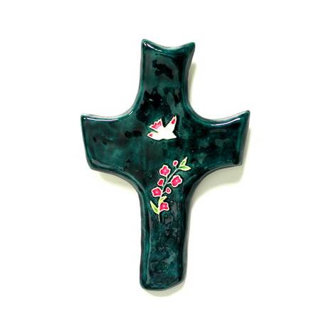 Croix Ceramique 20 X 13 Cm Vert Fonce