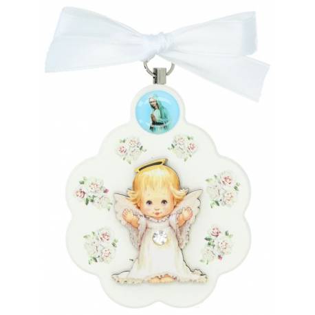 Kader / Wieg - Bloem / OLV biddend - 7 X 9 cm - Wit 