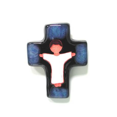 Kruisje Keramiek 10.5 X 8 cm Jezus wit/donkerblauw 
