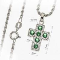 Croix 17 mm argent rhodié avec zircons verts et chaîne