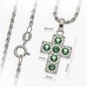 Croix 17 mm argent rhodié avec zircons verts et chaîne