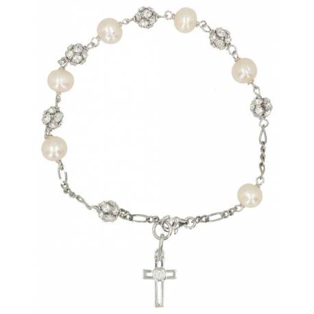 Armband-Tientje Zilver + Rhodium Parel + strass 6 mm 