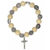 Armband/elastiek - H Benedictus - hout - metalen medailles 