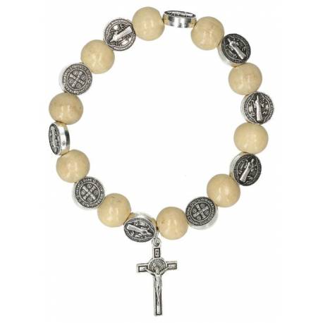 Armband/elastiek - H Benedictus - hout - metalen medailles 