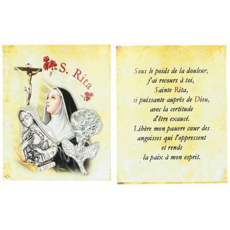 Etui + Plaques Métal Ste Rita + Rose + Prière FR