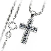 Kruisje Zilver met blauwe zirkonen + Ketting 45 cm 