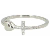 Bague en argent rhodié avec croix et coeur en zircon