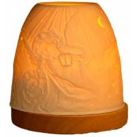 Photophore en porcelaine avec base en bois Ange avec lampe