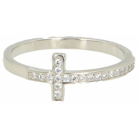 Bague avec croix en argent et strass blancs