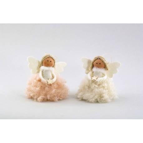Engel van wol om te hangen rosa/crème 10cm 4/ass 