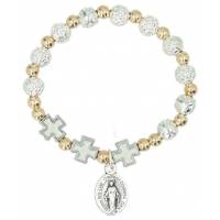 Armband op elastiek Verzilverde roosjes + Kruisjes 