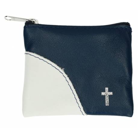 Rozenkranszakje Leder - 10 X 8 cm - Blauw-Wit 