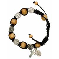 Armband/koord - H Benedictus - olijvenhout - metalen medailles 