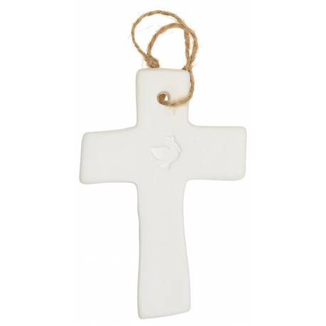 Croix en porcelaine blanche avec colombe 9.5 x 6.5 cm
