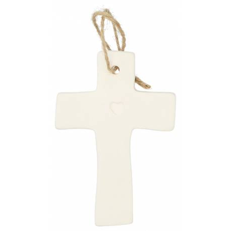 Croix en porcelaine blanche avec coeur 9.5 x 6.5 cm