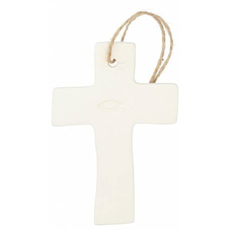 Croix en porcelaine blanche avec ichtus 9.5 x 6.5 cm