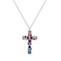 Croix en argent rhodié avec zircons multicolores + chaine