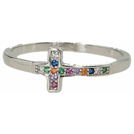 Ring met kruis in zilver en gekleurde strass steentjes 