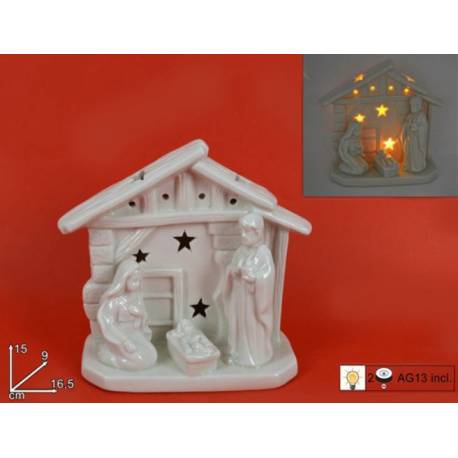 Nativité moderne en porcelaine blanche avec lumière (16.5 x 9 x 15 cm)