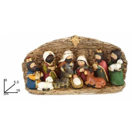 Kerstgroep 8 cm en stal in hars - 10 Figuren 