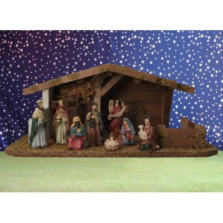 Crèche de Noël : cabane + 10 personnages de 9 cm (42x25x18cm)
