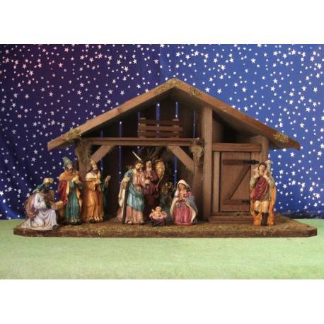 Crèche de Noël : cabane + 10 personnages de 12 cm (55x30x29cm)