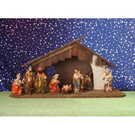 Crèche de Noël : cabane + 11 personnages de 12 cm (50x26x26cm)