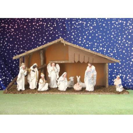 Crèche de Noël : cabane + 11 personnages de 12 cm (52x19x23cm)