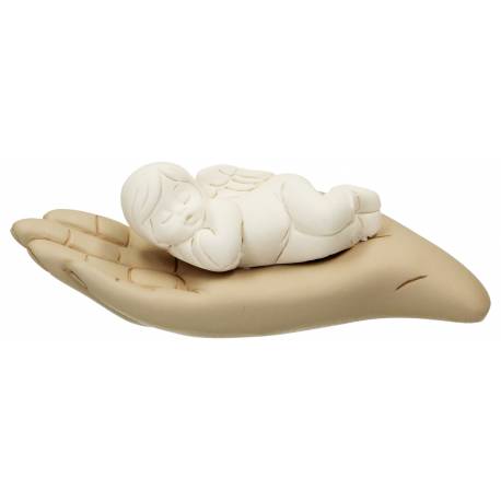 Main de Dieu avec petit ange dormant 12 x 4 cm beige