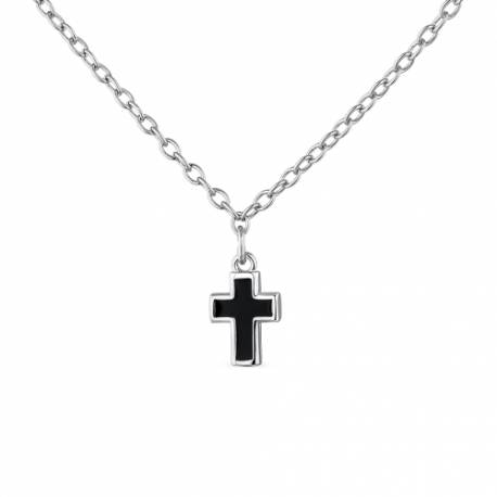 Gerhodineerd zilveren ketting met zwart geëmailleerd kruis 