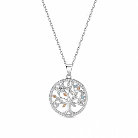 Chaine en argent rhodié avec arbre de vie avec zircons multicolores