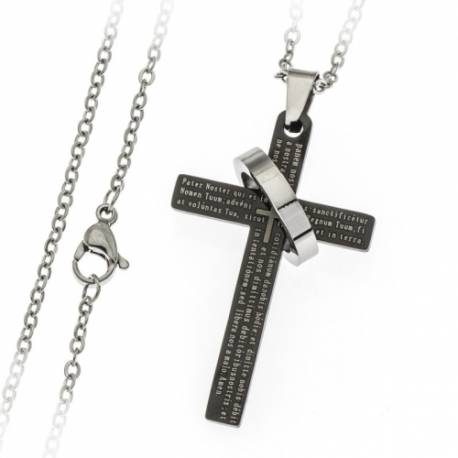 Croix avec Notre Père en latin et chaîne acier inoxydable