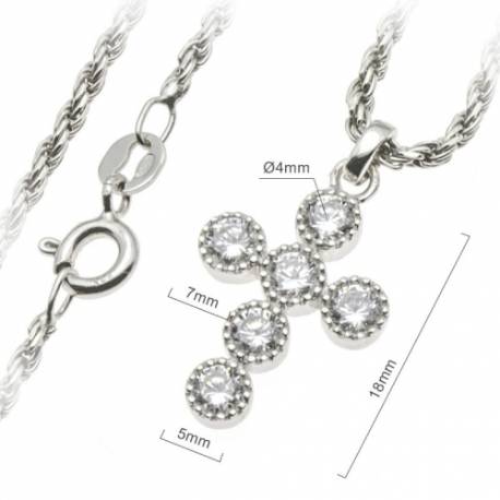 Kruisje 18 mm zilver + zirkonen en ketting 