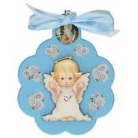 Cadre-Berceau - Fleur / Vierge priante - 7 X 9 cm - Bleu