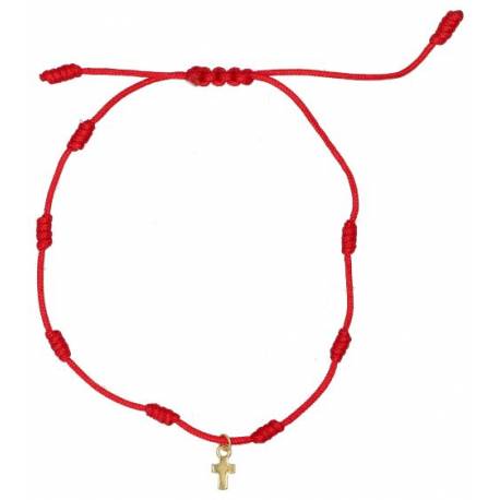Bracelet 7 noeuds sur fil rouge avec croix plaqué-or