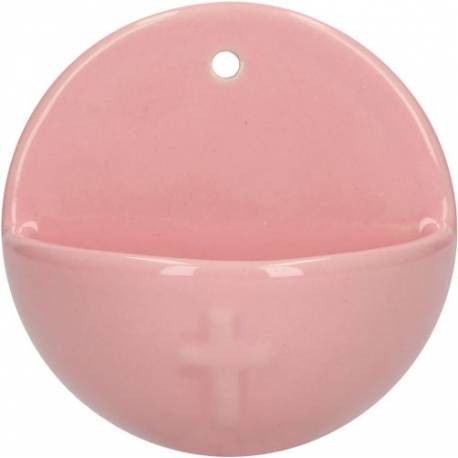 Benitier Ceramique 10 Cm rose poudré avec croix
