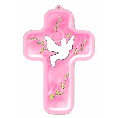 Wiegekruis - 13 X 9 cm - Duif / Roze 