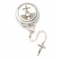 Chapelet blanc de communion + Boîte argentée Calice Diam 46 mm