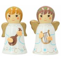 2 anges en bois tourné Blanc 7 cm - Lyre + Mandoline