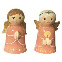 2 gedraaide houten engelen Roos 7 cm - Gebed + Kaars 