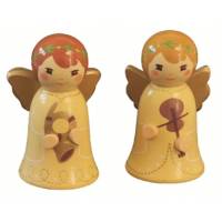2 gedraaide houten engelen Geel 7 cm - Hoorn + viool 