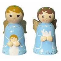 2 gedraaide houten engelen Blauw 7 cm - Kind + Duif 