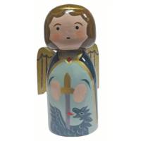 Houten beeldje van de Heilige Michael, hoogte 10 cm + doosje 